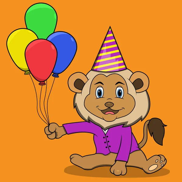 Happy Birthday Lion Balloon Orange Colors Background Mascot Icon Character — Vetor de Stock