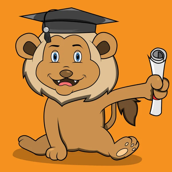 Character Lion Celebrating Graduation Orange Colors Background Mascot Icon Character — Vetor de Stock