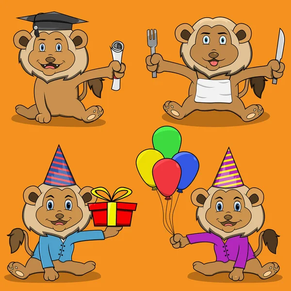 Four Character Lion Graduation Gift Balloon Eat Orange Colors Background — Image vectorielle