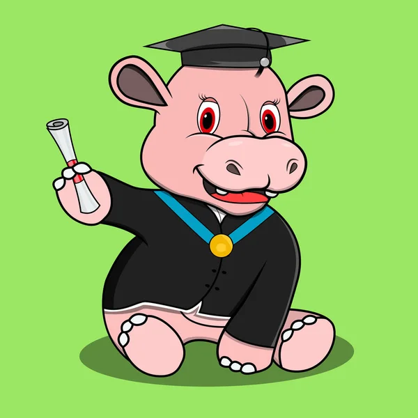 Hippopótamo Personagem Com Graduação Personalizada Fundo Cores Verdes Mascote Ícone — Vetor de Stock