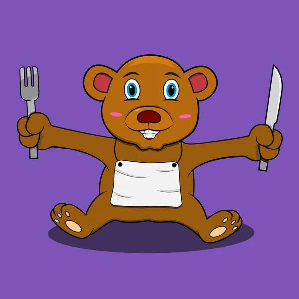 Oso Carácter Listo Para Comer Fondo Colores Púrpura Mascota Icono — Vector de stock