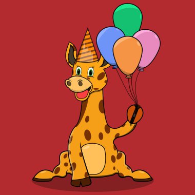 Parti için Dört Balonlu Zürafa Karakteri, Kırmızı Renkler Arkaplan, Maskot, Simge, Karakter veya Logo, Vektör ve İllüstrasyon.
