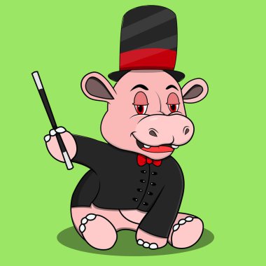 Sihirbaz Özel, Yeşil Renkler Arkaplan, Maskot, Simge, Karakter veya Logo, Vektör ve İllüstrasyonlu Hippopotamus.