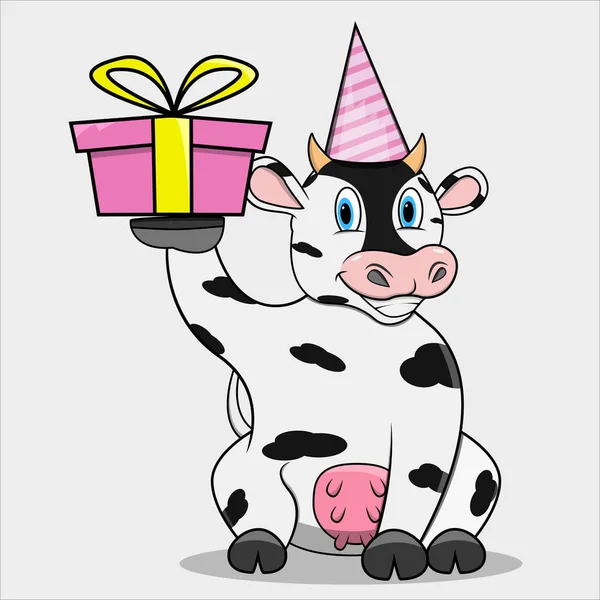 Vache Caractère Avec Cadeau Rose Pour Fête Anniversaire Fond Couleurs — Image vectorielle