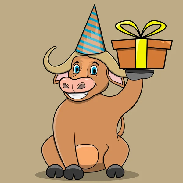 Personnage Buffalo Apporter Cadeau Brun Pour Fête Fond Couleurs Brun — Image vectorielle