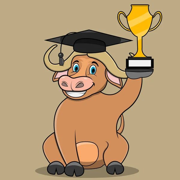 Personagem Buffalo Traga Troféu Graduado Cores Castanhas Claro Fundo Mascote — Vetor de Stock