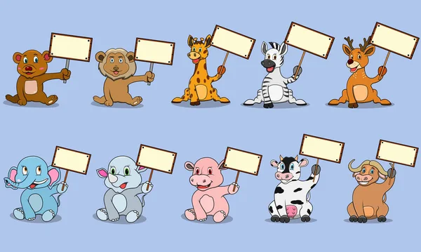 Tien Dieren Karakter Met Breng Een Blanco Wit Sign Banner — Stockvector