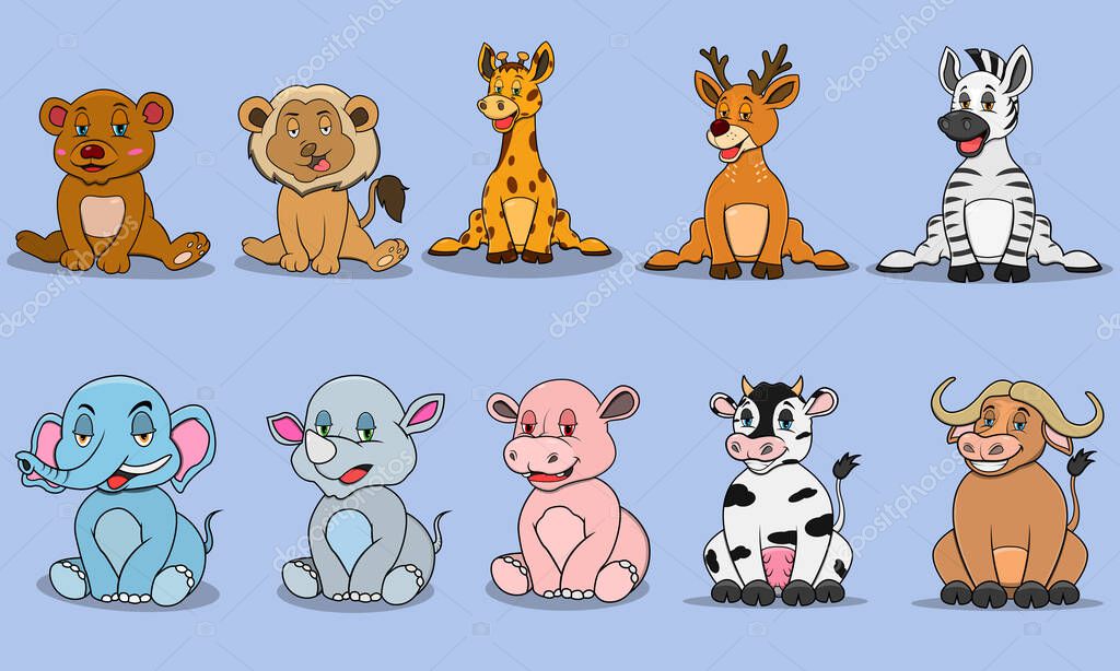 Ten Animals Character With Relax Expression And Smile , Colors Background, Mascot, Icon, Character or Logo, Vector and Illustration.
