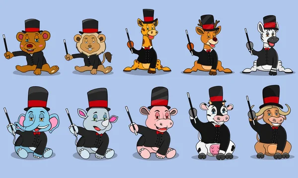 Personaje Diez Animales Con Mago Desgaste Personalizado Fondo Colores Mascota — Archivo Imágenes Vectoriales