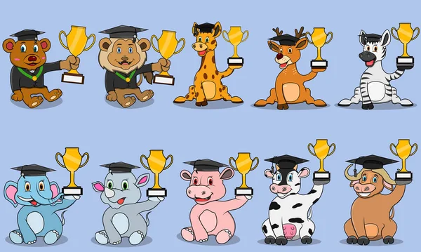 Caráter Dez Animais Com Trazer Troféu Tema Graduação Fundo Cores — Vetor de Stock