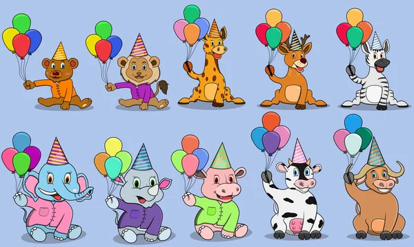 Dieci Animali Personaggio Con Portare Palloncini Pronto Festa Sfondo Colori — Vettoriale Stock