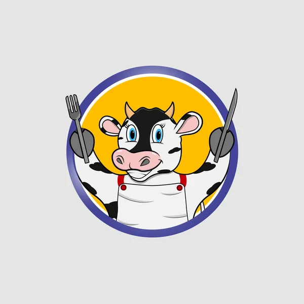 Cow Head Circle Label Bring Fork Knife Yellow Colors Background — 스톡 벡터