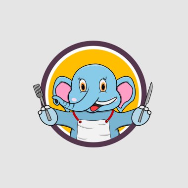 Fil Başlı Çember Etiketi Çatal ve Bıçak Getirin, Sarı Renkler Arkaplan, Maskot, Simge, Karakter veya Logo, Vektör ve Görüntü.