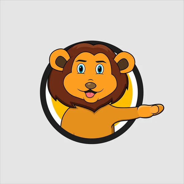 狮头圆圈标签 带有滑稽的微笑表情 黄色背景 吉祥物 字符或标志 矢量和图解 — 图库矢量图片