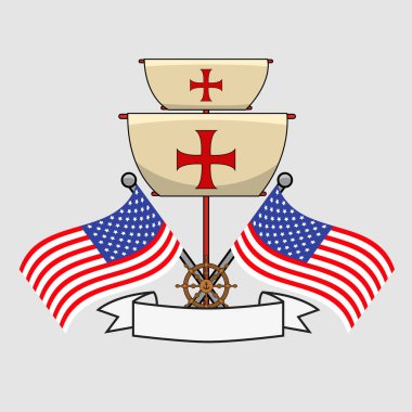 Bayrak, Tekerlek Gemisi ve Etiketli Kolomb Günü 'nüz kutlu olsun, bayram posteri, Vektör ve İllüstrasyon.