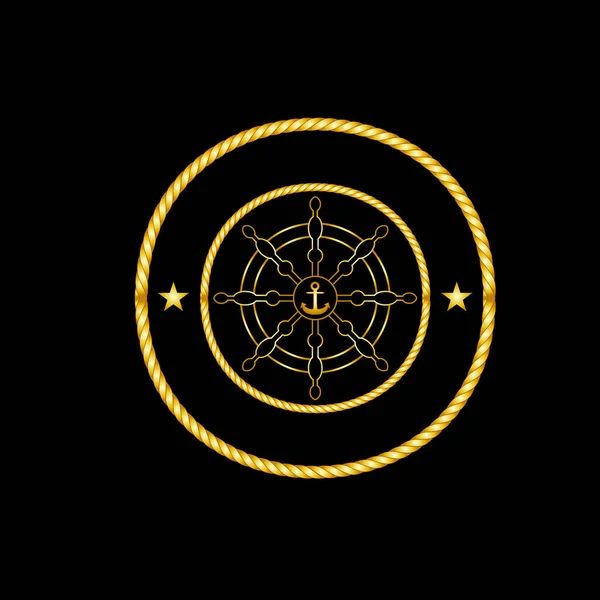 Logotipo Del Diseño Nave Ancla Rueda Fondo Colores Oro Negro — Vector de stock