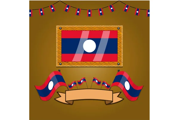 Bandeiras Laos Frame Wood Label Gradiente Simples Ilustração Vetorial — Vetor de Stock