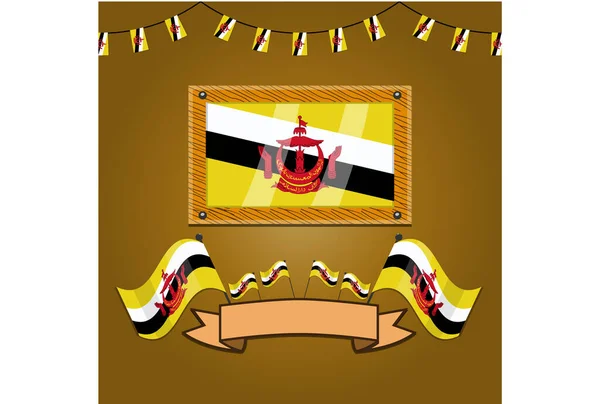 Brunei Darussalam Banderas Madera Marco Etiqueta Gradiente Simple Ilustración Vectorial — Vector de stock