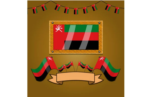 Oman Flaggen Auf Rahmenholz Etikett Einfacher Verlauf Und Vektorillustration — Stockvektor