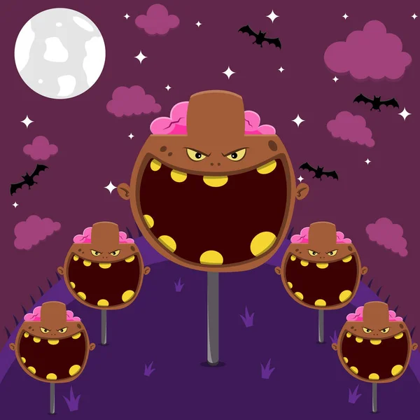 Halloween Character Head Design Caractère Zombie Brun Dans Field Night — Image vectorielle
