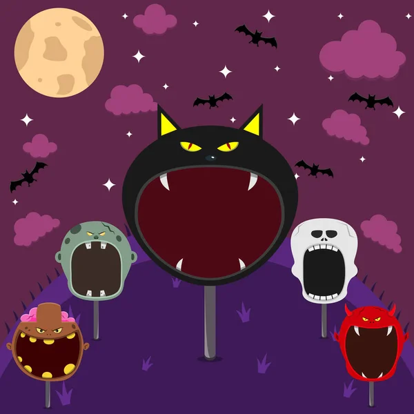 Head Monster Set Campo Noche Big Black Cat Head Grey — Vector de stock