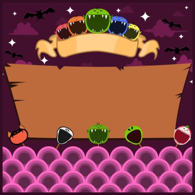 Maskeli Canavarlı Cadılar Bayramı kartı. Boş Cin etiketi. Gece ve Boş Orman Mockup 'ta. Vektör ve Görüntü.