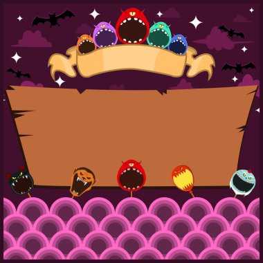 Maskeli Canavarlı Cadılar Bayramı kartı. Boş Tek Göz Canavarı etiketi. Gece ve Boş Orman Mockup 'ta. Vektör ve Görüntü.