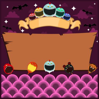 Maskeli Canavarlı Cadılar Bayramı kartı. Boş Ürkütücü Cüce etiketi. Gece ve Boş Orman Mockup 'ta. Vektör ve Görüntü.