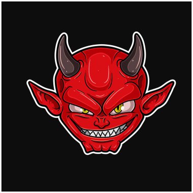 Şeytani ve gülen yüzlü Kızıl Kötülüğün Maskot Karakteri. Etiket, Etiket, Kapak, Paket, Tişört, iş ürünleri ve Ürün Tasarımı İçin Mükemmel. Vektörler ve Resimler.