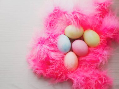 Renkli yumurtalar pembe pelüş ve ahşap arkaplan yuvası oluşturuyor. 