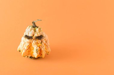 Sahte kirpikli otantik dekoratif balkabağı ve büyük kopya alanı. Yaratıcı gerçek üstü Cadılar Bayramı arka planı