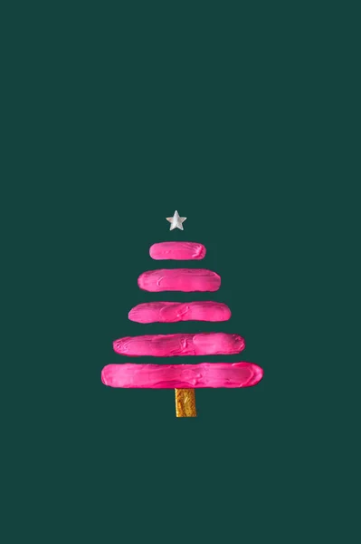 Neon Pink Color Smeared Paper Shape Christmas Tree Silver Star — Stock Photo, Image