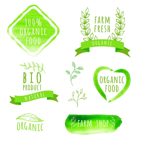 Uppsättning akvarell ekologisk mat etiketter — Stock vektor