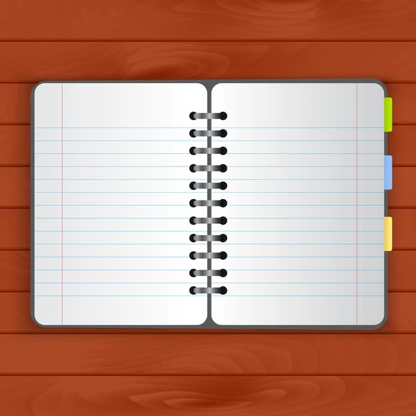 Plantilla de cuaderno en blanco sobre fondo de madera — Vector de stock
