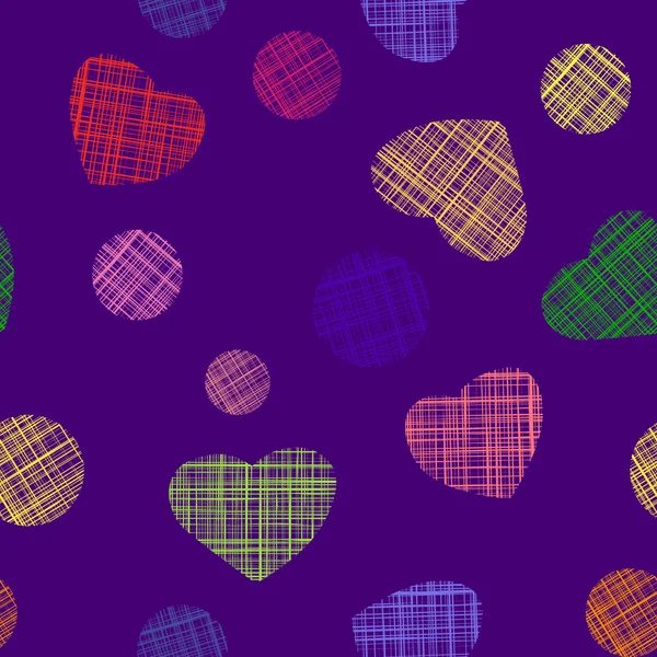 Corazones y círculos sobre fondo violeta — Vector de stock