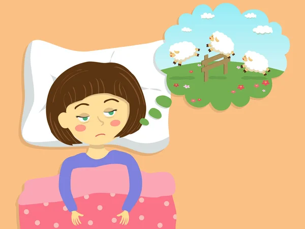 Uma menina cansada contando ovelhas para dormir —  Vetores de Stock