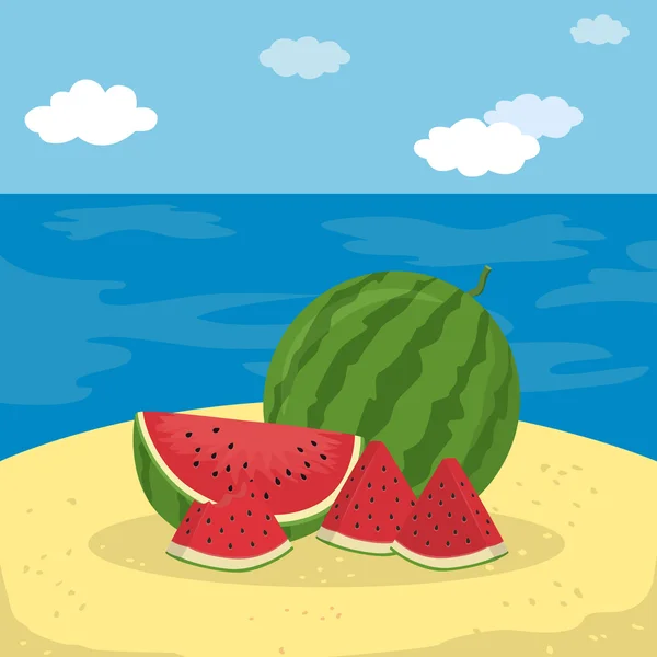 Rebanada de fruta de sandía en la playa — Vector de stock