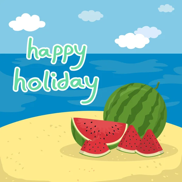 Watermelon Fruit Slice at the Beach — Stock Vector