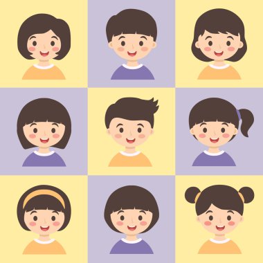 Çocuklar yüz Avatar kümesi mor turuncu vektör