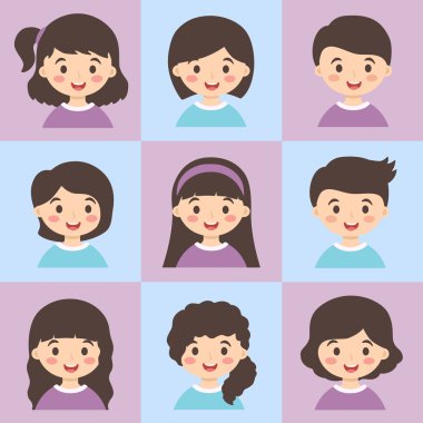 Çocuklar yüz Avatar kümesi mor mavi vektör