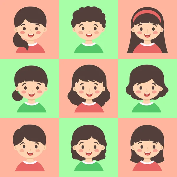 Set of Kids Face Avatar Red Green Vector - Stok Vektor