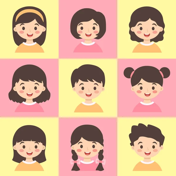 Set de Niños Cara Avatar Amarillo Rosa Vector — Vector de stock