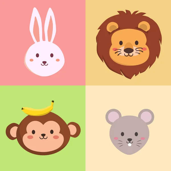 Ensemble de tête d'animal mignon lapin, lion, singe et souris — Image vectorielle