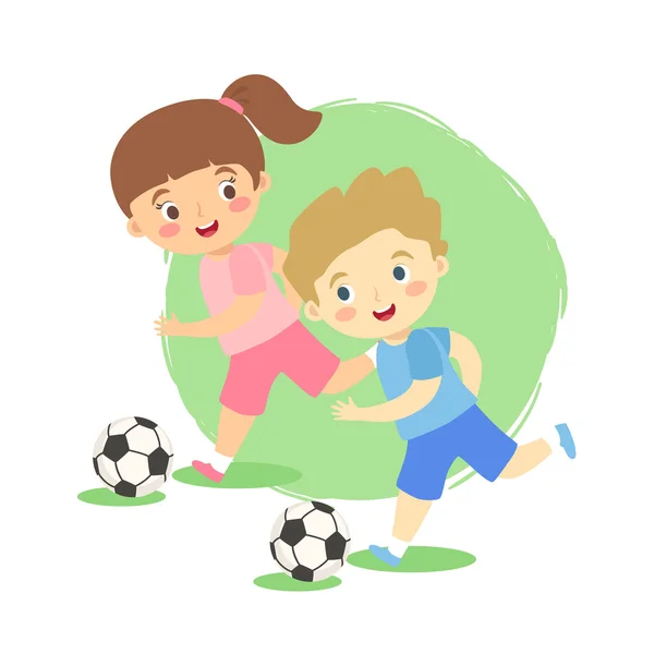 Dribble bola de futebol menino e menina vetor — Vetor de Stock