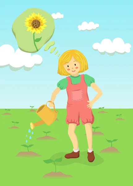 Chica jardinería girasol — Vector de stock