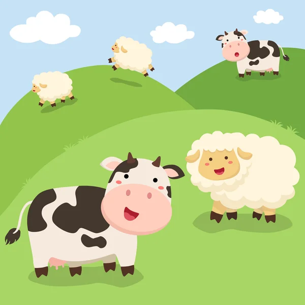 かわいい牛や羊がフィールドに立っています。 — ストックベクタ