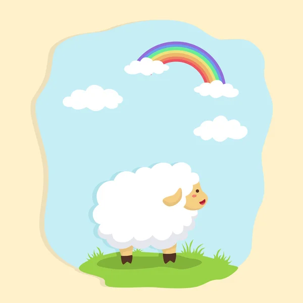 Cute Sheep in Field and Rainbow Background — Stock Vector