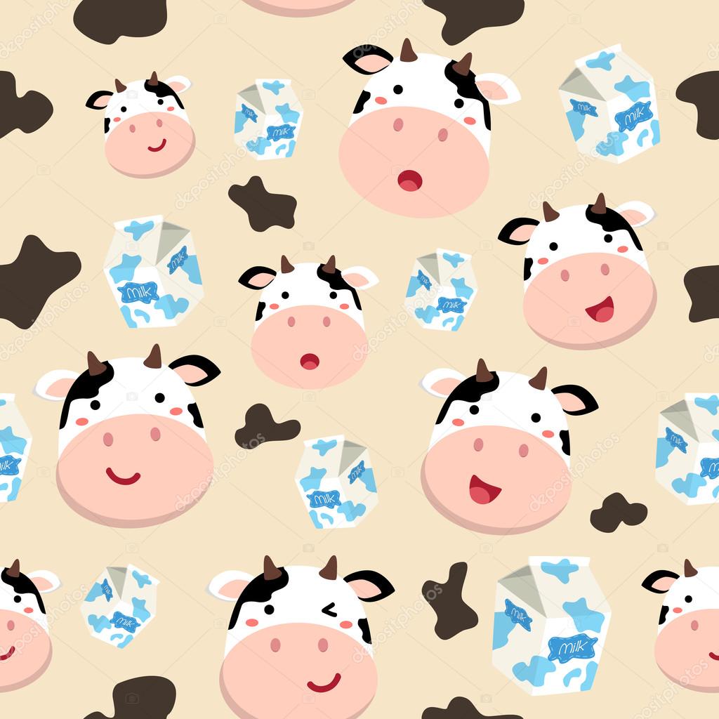 Seamless Pattern Cow and Milk Carton in Spotted Cream Background Stock
