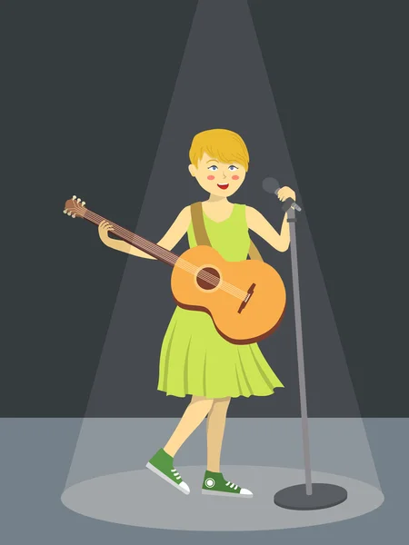 Menina jogar guitarra em holofotes cinza — Vetor de Stock