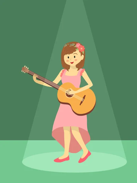 Girl Play Guitar in Green Spotlight — Stock Vector